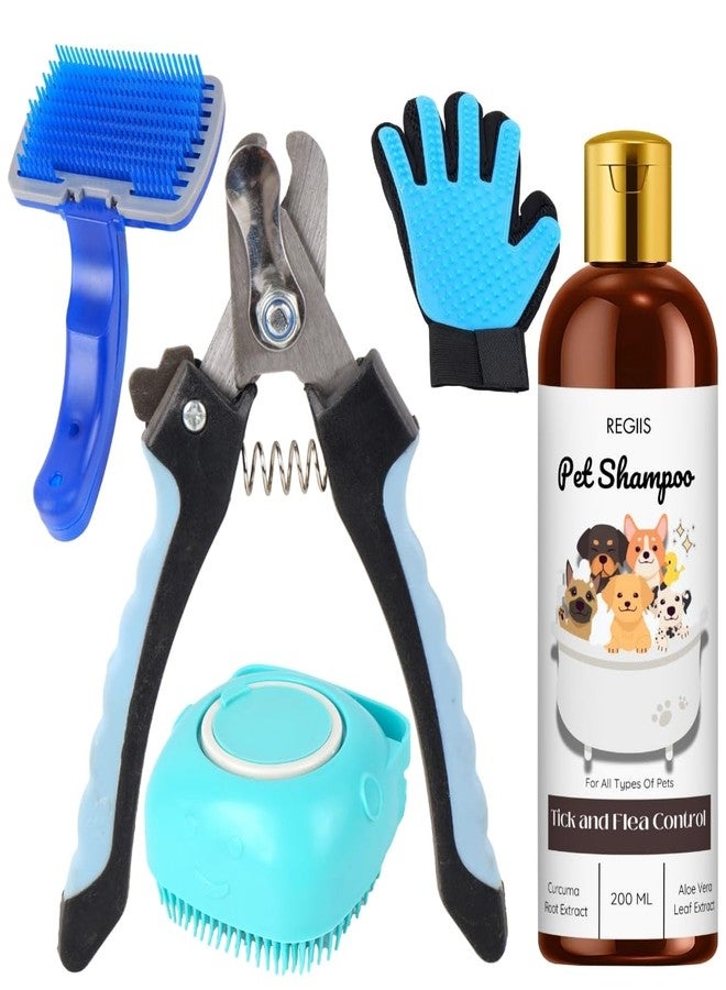 مجموعة ريجيس للعناية بالحيوانات الأليفة مع شامبو لمكافحة القراد والبراغيث، وفرشاة سيليكون زرقاء، وقفازات للعناية، ومجموعة استحمام احترافية للكلاب (عبوة من 5 قطع) - Image 1